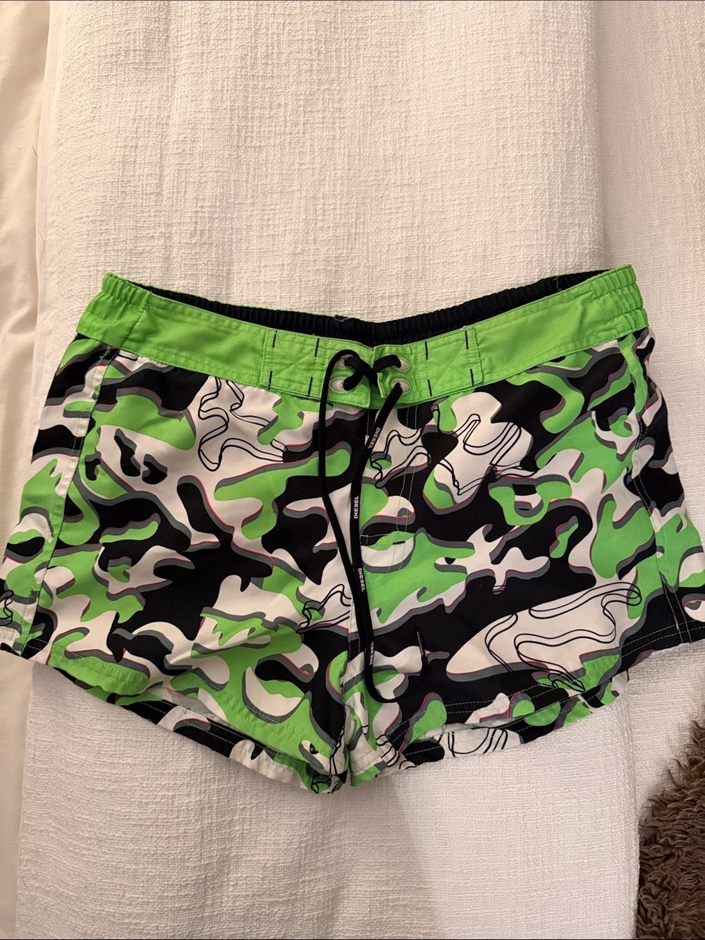 Diesel Green, Black & White Camo Swim Trunks